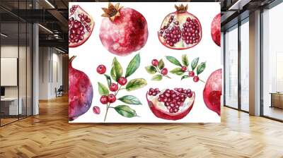 Artistic drawing painting of fresh pomegranate fruit seed grain leaf Wall mural