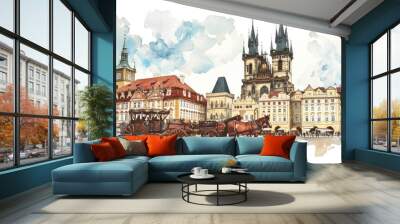 Artistic illustration of Prague city. Czech Republic in Europe. Wall mural