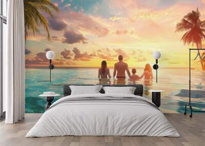 Back view of happy family enjoy tropical sunset with palm tree beach sea water Wall mural