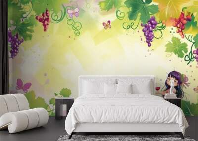 Background template with copy space of grape leaf and  vine and a little child Wall mural