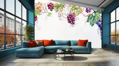 Background template with copy space  of grape leaf and  vine. Watercolor. Wall mural