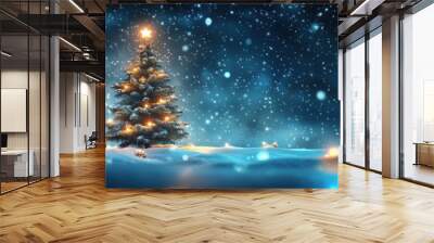 Beautiful Christmas tree in snowing winter. Wall mural