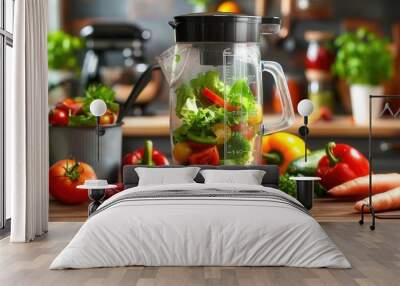 Blender mixer in kitchen with various vegetables ready to make vegetable smoothie drink. Wall mural