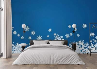 Blue background template with white snow flake for holiday greeting card poster design. Wall mural