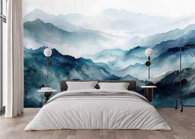 Blue mountains and clouds, watercolor illustration, art  Wall mural