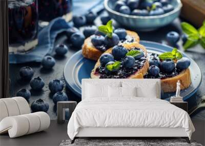 Bread with blueberry jam closeup view Wall mural