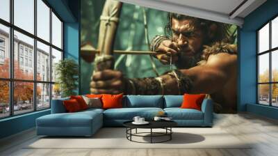 Caveman in prehistoric jungle hunting. Photorealistic. Wall mural