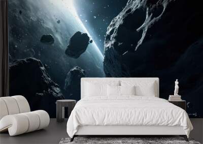 Close-up view of asteroid floating in space in large quantity. Wall mural