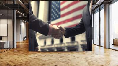 Close-up view of handshaking between two business man with city background. Wall mural