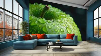 Closeup macro view of fresh green apple with water drops Wall mural