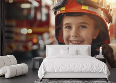 Closeup portrait of a smiling child firefighter Wall mural