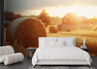 Closeup view of dry crop hay bale in farm land field Wall mural