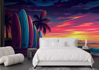 Closeup view of surfing board on tropical beach with coconut tree Wall mural