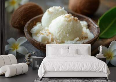 Coconut flakes in wooden bowl closeup view Wall mural