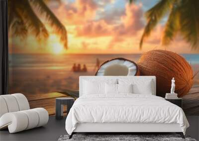 Coconut fruit closeup view on sandy tropical beach with sunset Wall mural