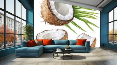 Coconut fruit with green leaf closeup view isolated over white background Wall mural