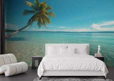 Coconut tree with leaf at sandy beach with clear sea water Wall mural