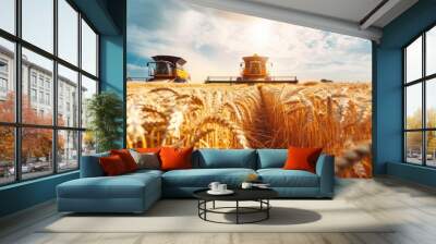 Combine harvester machine working in wheat field farm land. Wall mural