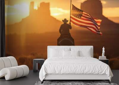 Cowboy on horseback carrying a US national flag Wall mural