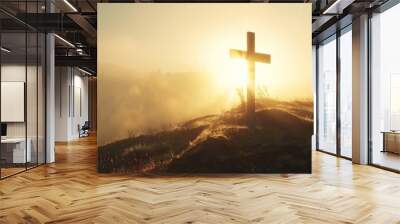 cross on top of mountain with fog and sunlight Wall mural