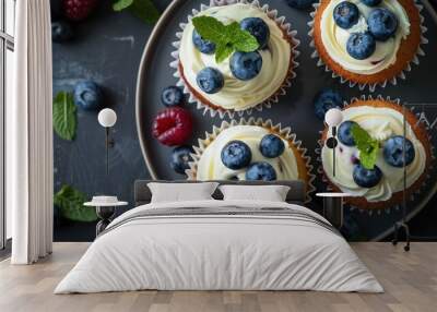 Cupcake with blueberry fruit closeup view Wall mural