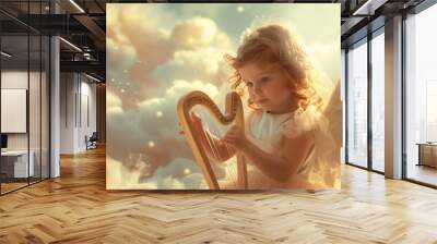 Cute baby girl angel with wings playing harp in cloud in sky Wall mural