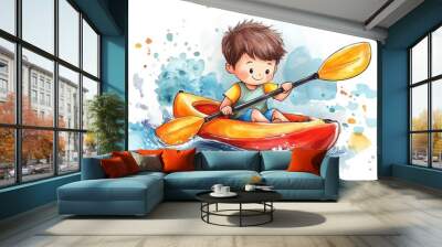 Cute cartoon charactor of a boy kayaking in water Wall mural