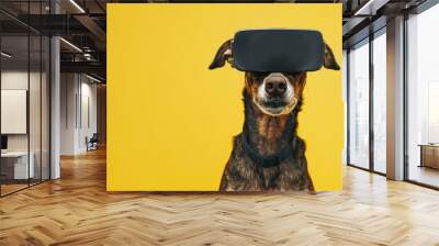 Cute funny happy dog wearing VR headset with plain background. Wall mural