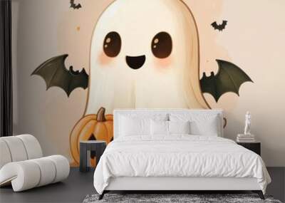 Cute ghost and pumpkin. Halloween decoration element. Wall mural