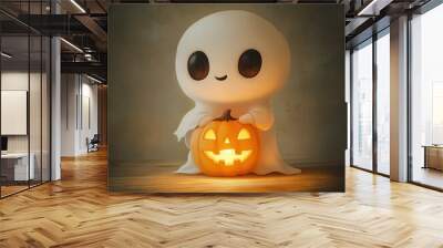 Cute ghost and pumpkin. Halloween decoration element. Wall mural