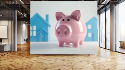 Cute piggy bank with blue house icon clip Wall mural