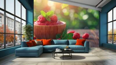 Delicious tasty smoothie drink with raspberry fruit Wall mural