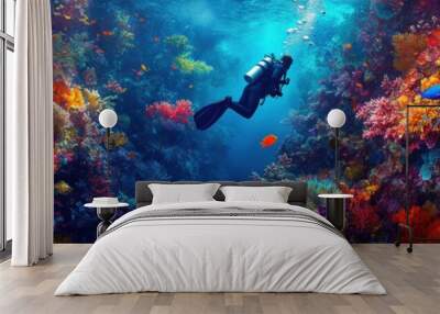 Diver with colorful beautiful coral reef with sea life fishes Wall mural