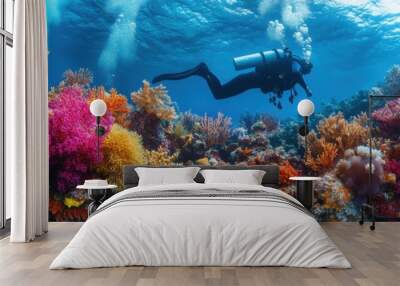 Diver with colorful beautiful coral reef with sea life fishes Wall mural