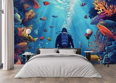 Diver with colorful beautiful coral reef with sea life fishes Wall mural