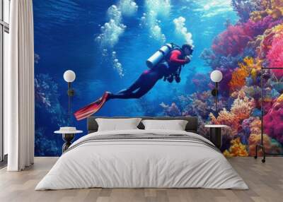 Diver with colorful beautiful coral reef with sea life fishes Wall mural