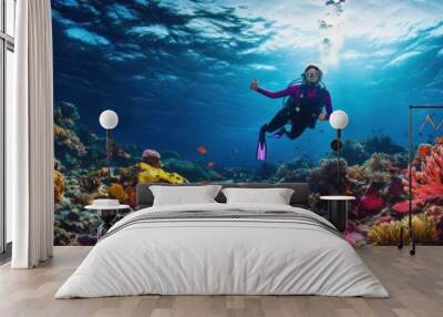 Diver with colorful beautiful coral reef with sea life fishes Wall mural