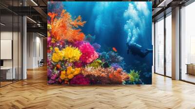 Diver with colorful beautiful coral reef with sea life fishes Wall mural