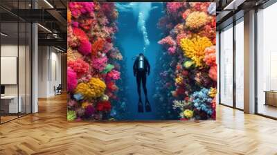 Diver with colorful beautiful coral reef with sea life fishes Wall mural