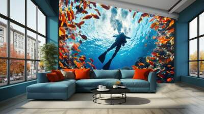 Diver with colorful beautiful coral reef with sea life fishes Wall mural