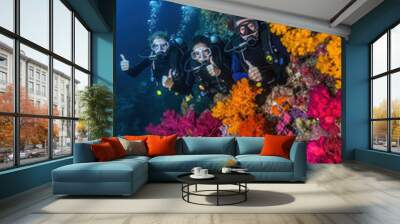 Diver with colorful beautiful coral reef with sea life fishes Wall mural