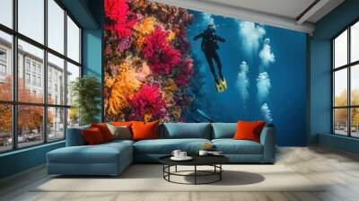 Diver with colorful beautiful coral reef with sea life fishes Wall mural