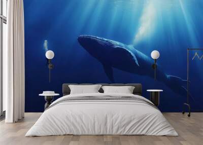 Diver with giant whale in deep sea Wall mural