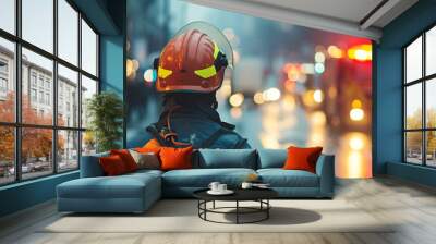 Firefighter with protection helmet at fire site Wall mural