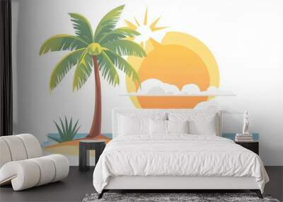 Flat Vector illustration of coconut tree with leaf and sun Wall mural