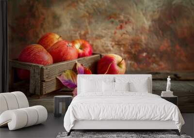 Fresh apple in wooden crate with texture background Wall mural