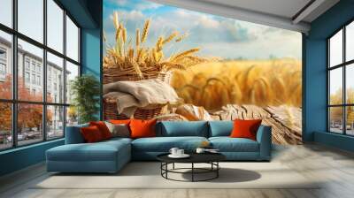 Fresh baked bread and wheat ear grains in basket on wooden table with background of golden wheat field Wall mural