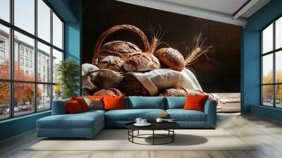 Fresh baked bread in basket with wheat grains and wheat ear. Wall mural