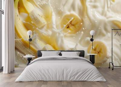 Fresh banana fruit with milk splash closeup macro view Wall mural