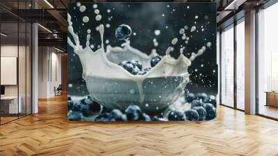 Fresh blueberry with milk splash in air Wall mural